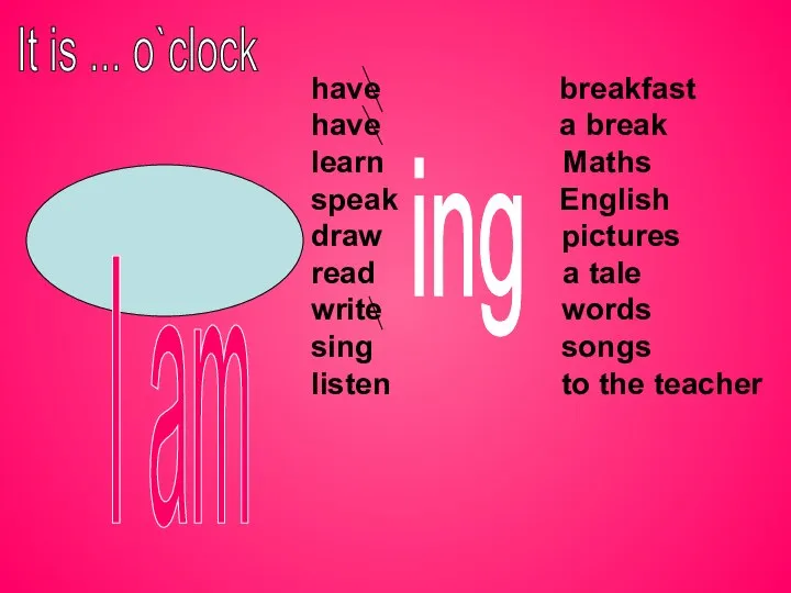 have breakfast have a break learn Maths speak English draw pictures read