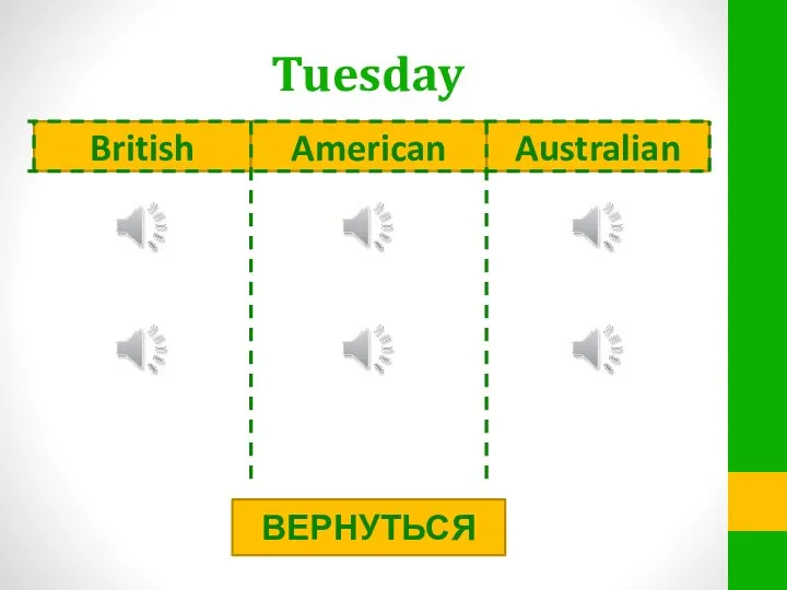 Tuesday ВЕРНУТЬСЯ British American Australian