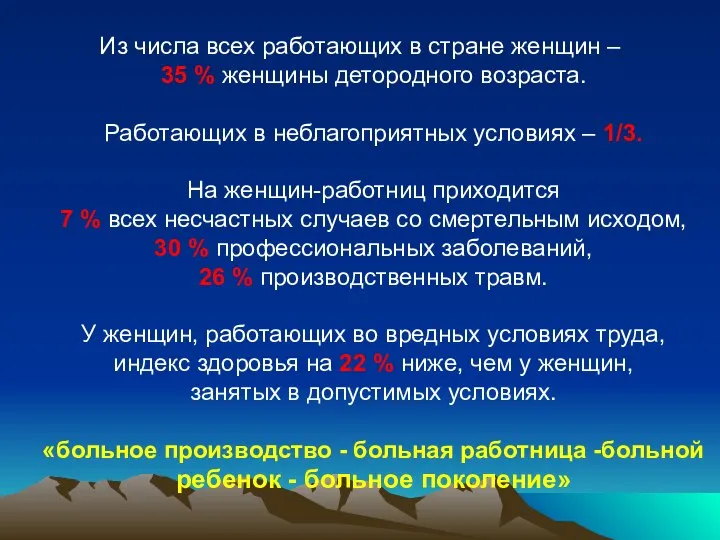 Из числа всех работающих в стране женщин – 35 % женщины детородного