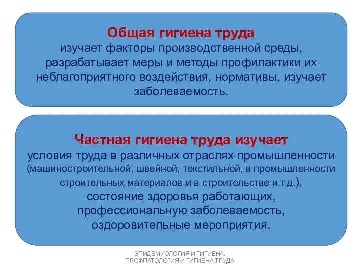 ЭПИДЕМИОЛОГИЯ И ГИГИЕНА. ПРОФПАТОЛОГИЯ И ГИГИЕНА ТРУДА Общая гигиена труда изучает факторы