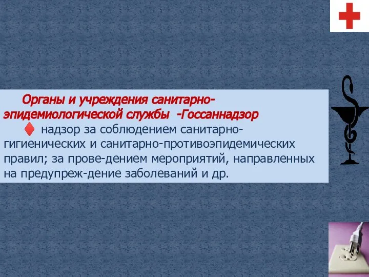 Органы и учреждения санитарно-эпидемиологической службы -Госсаннадзор ♦ надзор за соблюдением санитарно-гигиенических и