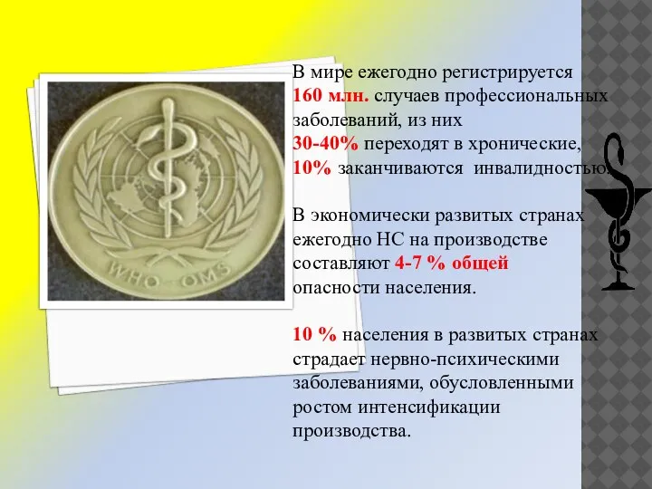 В мире ежегодно регистрируется 160 млн. случаев профессиональных заболеваний, из них 30-40%