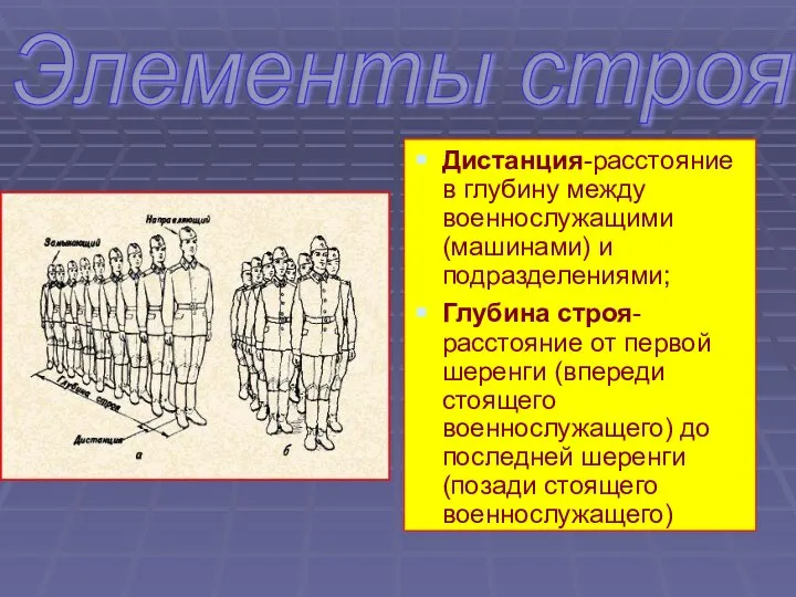 Дистанция-расстояние в глубину между военнослужащими (машинами) и подразделениями; Глубина строя-расстояние от первой