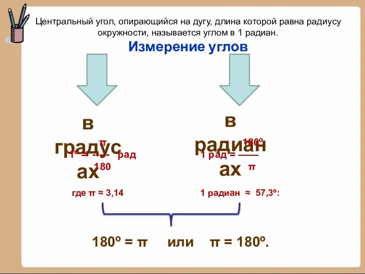 Центральный угол, опирающийся на дугу, длина которой равна радиусу окружности, называется углом