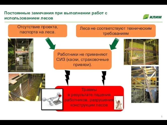 Постоянные замечания при выполнении работ с использованием лесов Отсутствие проекта, паспорта на