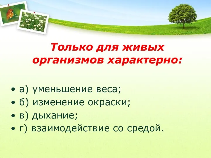 Только для живых организмов характерно: а) уменьшение веса; б) изменение окраски; в)