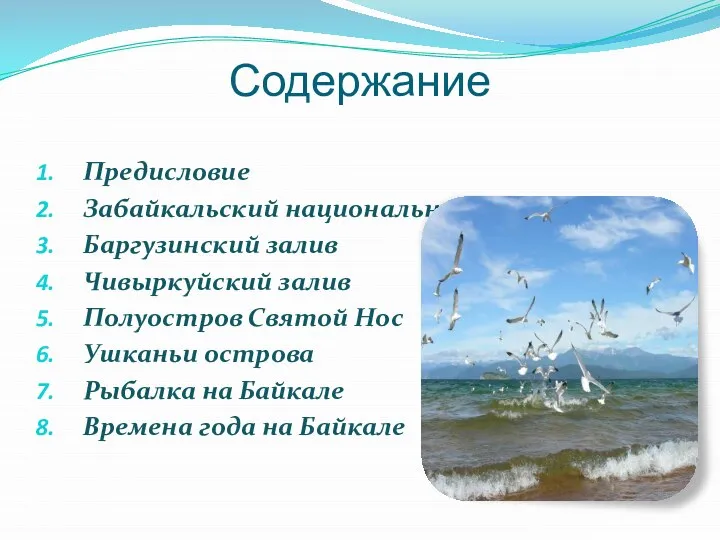 Содержание Предисловие Забайкальский национальный парк Баргузинский залив Чивыркуйский залив Полуостров Святой Нос