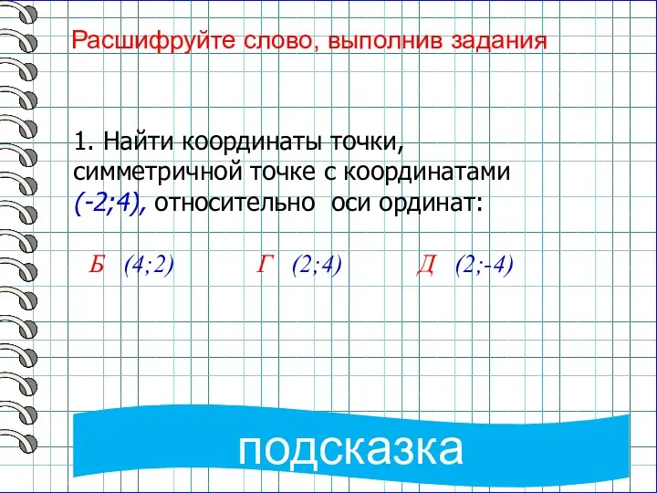 Расшифруйте слово, выполнив задания Две точки симметричны относительно оси ординат, если их