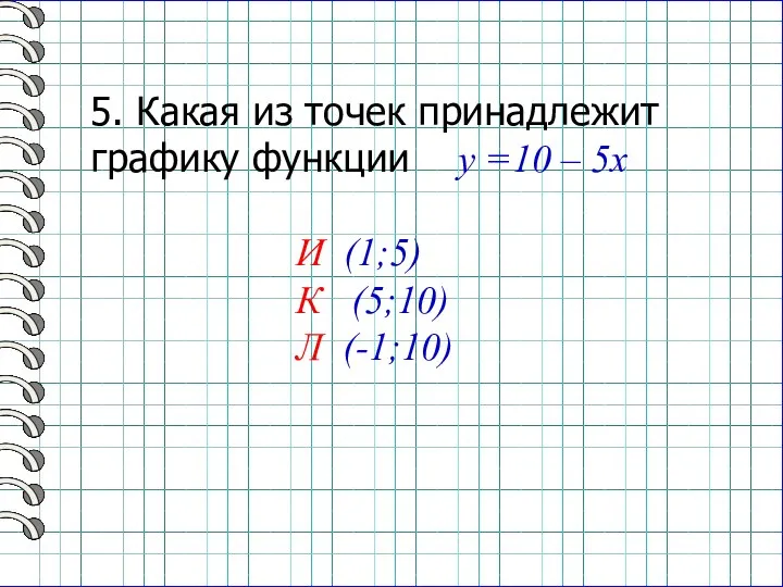 5. Какая из точек принадлежит графику функции y =10 – 5x И