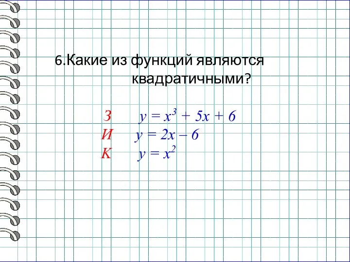 6.Какие из функций являются квадратичными? З y = x3 + 5x +