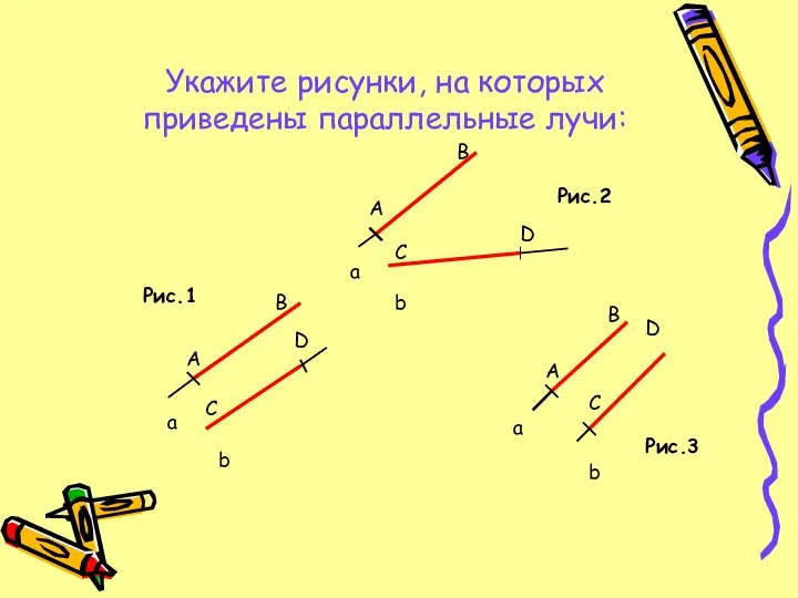 Укажите рисунки, на которых приведены параллельные лучи: