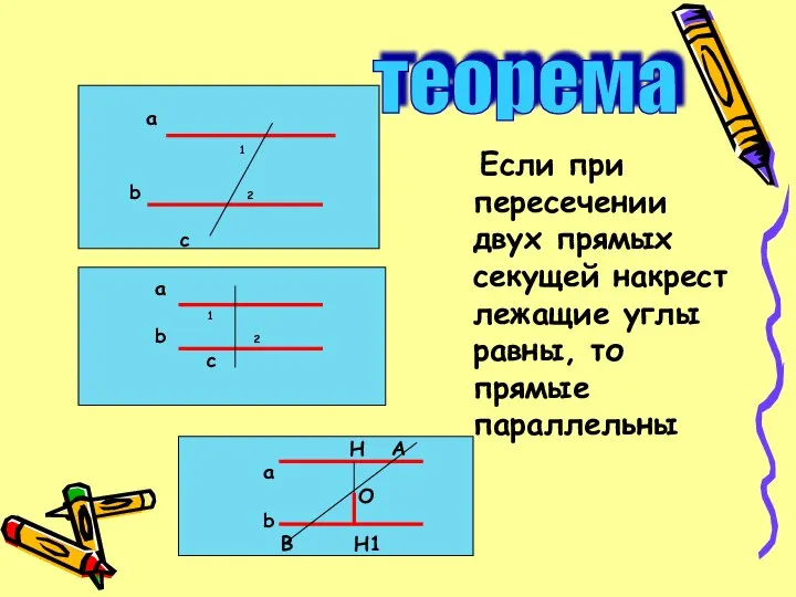 Если при пересечении двух прямых секущей накрест лежащие углы равны, то прямые