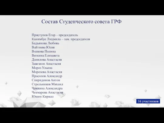 Состав Студенческого совета ГРФ Приступов Егор – председатель Канимбуе Людмила – зам.