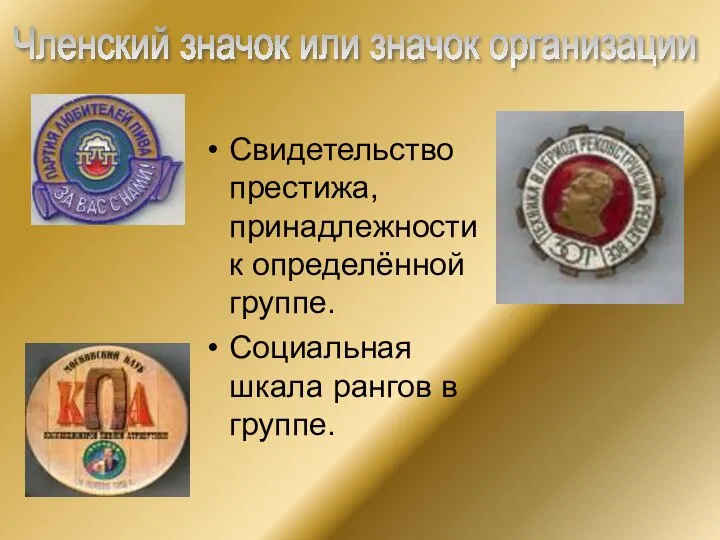 Членский значок или значок организации Свидетельство престижа, принадлежности к определённой группе. Социальная шкала рангов в группе.