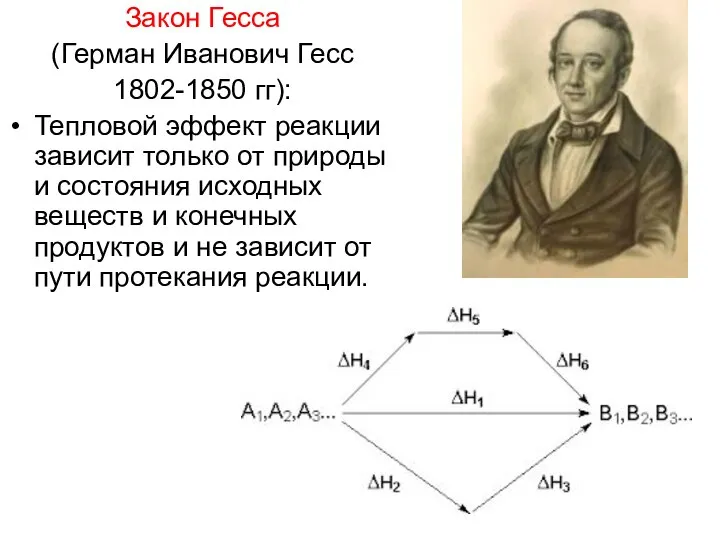 Закон Гесса (Герман Иванович Гесс 1802-1850 гг): Тепловой эффект реакции зависит только