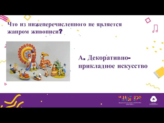 А. Декоративно-прикладное искусство Что из нижеперечисленного не является жанром живописи?