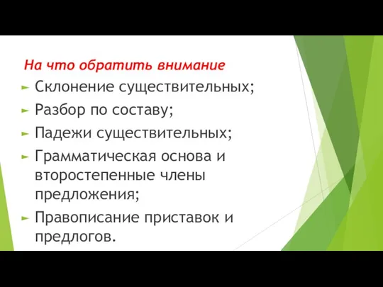 На что обратить внимание Склонение существительных; Разбор по составу; Падежи существительных; Грамматическая