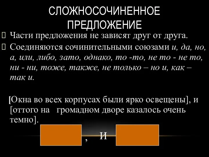 СЛОЖНОСОЧИНЕННОЕ ПРЕДЛОЖЕНИЕ Части предложения не зависят друг от друга. Соединяются сочинительными союзами