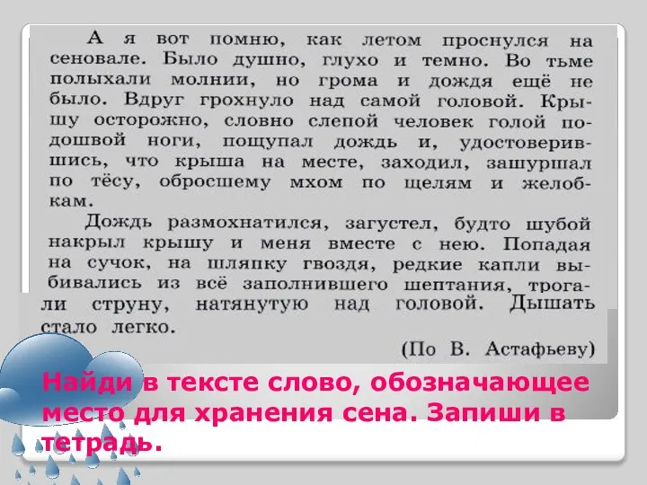 Найди в тексте слово, обозначающее место для хранения сена. Запиши в тетрадь.