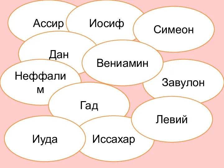 Ассир Иосиф Дан Неффалим Гад Завулон Иссахар Иуда Левий Симеон Вениамин