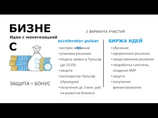 БИЗНЕС 2 ВАРИАНТА УЧАСТИЯ accelerator.pulsar.vc БИРЖА ИДЕЙ экспрес-обучение упаковка решения подача заявки