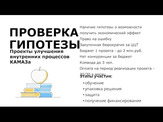 ПРОВЕРКА ГИПОТЕЗЫ Проекты улучшения внутренних процессов КАМАЗа Наличие гипотезы о возможности получить