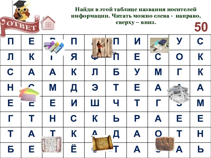 Найди в этой таблице названия носителей информации. Читать можно слева - направо, сверху – вниз. 50