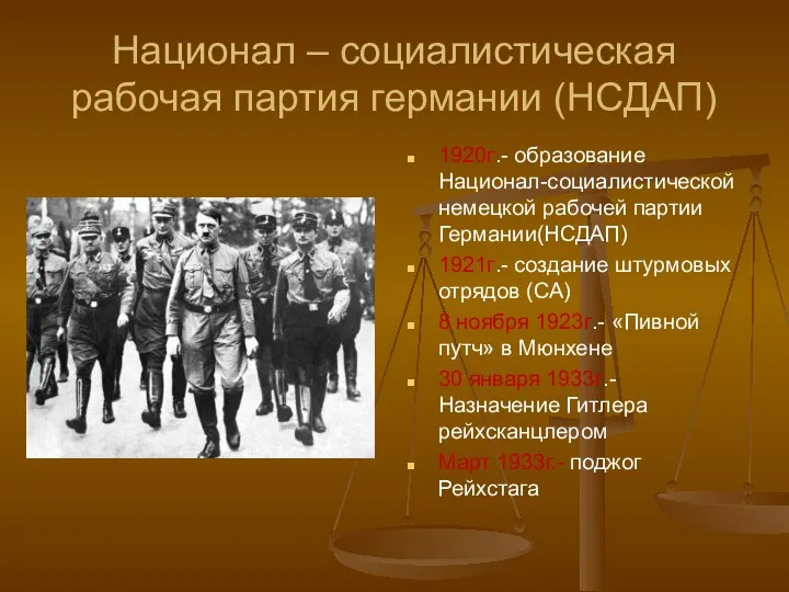 Национал – социалистическая рабочая партия германии (НСДАП) 1920г.- образование Национал-социалистической немецкой рабочей