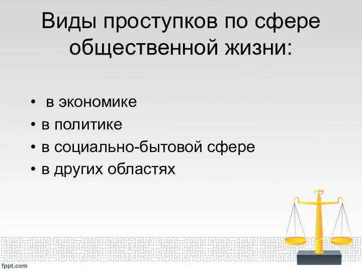 Виды проступков по сфере общественной жизни: в экономике в политике в социально-бытовой сфере в других областях