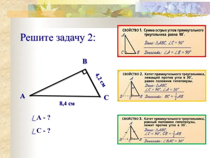 Решите задачу 2: В С А 4,2 см 8,4 см А - ? С - ?