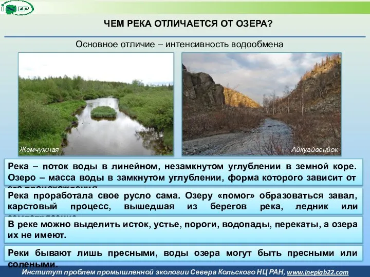 ЧЕМ РЕКА ОТЛИЧАЕТСЯ ОТ ОЗЕРА? Основное отличие – интенсивность водообмена Река –