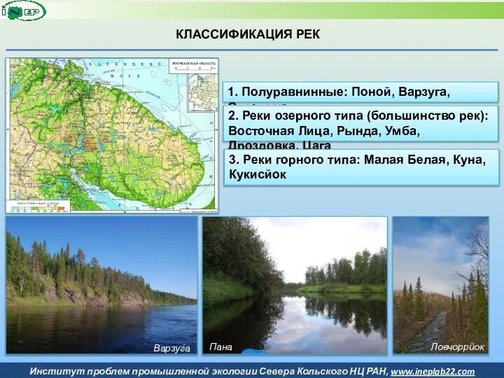 КЛАССИФИКАЦИЯ РЕК 1. Полуравнинные: Поной, Варзуга, Стрельна 2. Реки озерного типа (большинство