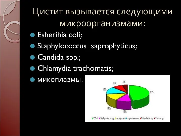 Цистит вызывается следующими микроорганизмами: Esherihia coli; Staphylococcus saprophyticus; Candida spp.; Chlamydia trachomatis; микоплазмы. .