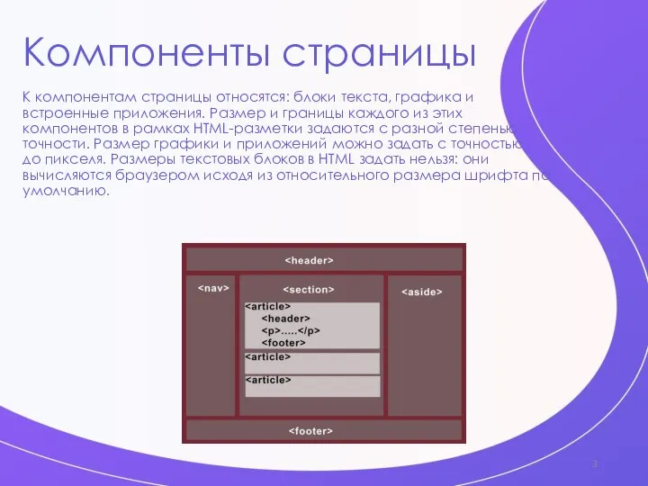 Компоненты страницы К компонентам страницы относятся: блоки текста, графика и встроенные приложения.