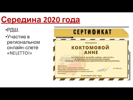 Середина 2020 года РДШ. Участие в региональном онлайн-слете «NELETTO!»