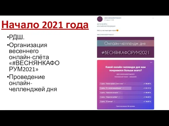 Начало 2021 года РДШ. Организация весеннего онлайн-слёта «#ВЕСНЯНКАФОРУМ2021» Проведение онлайн-челленджей дня