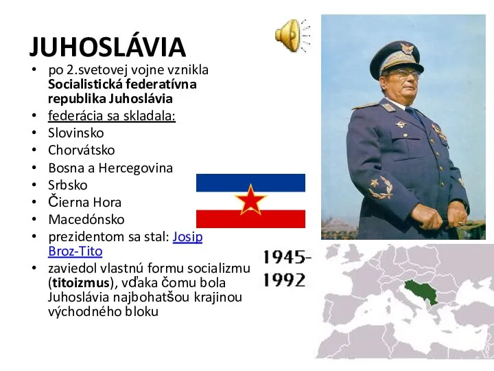 JUHOSLÁVIA po 2.svetovej vojne vznikla Socialistická federatívna republika Juhoslávia federácia sa skladala:
