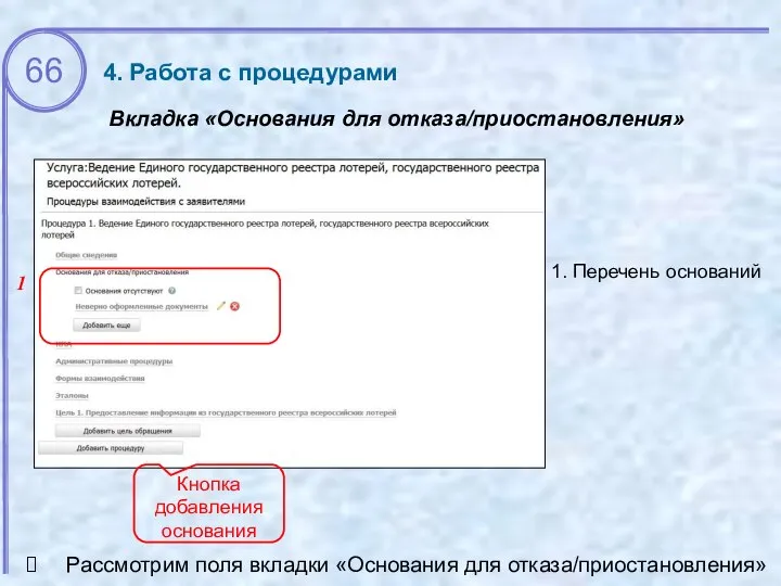 1 Вкладка «Основания для отказа/приостановления» 1. Перечень оснований Рассмотрим поля вкладки «Основания