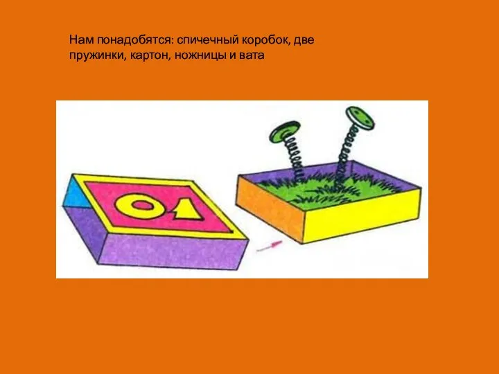 Нам понадобятся: спичечный коробок, две пружинки, картон, ножницы и вата