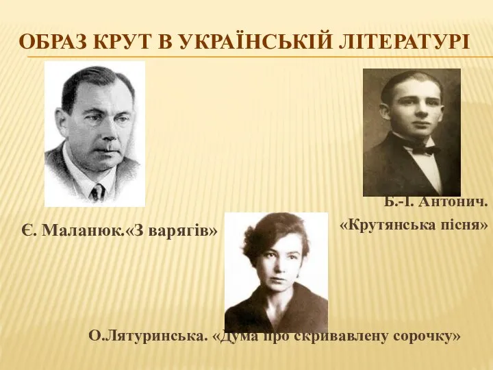 ОБРАЗ КРУТ В УКРАЇНСЬКІЙ ЛІТЕРАТУРІ Є. Маланюк.«З варягів» Б.-І. Антонич. «Крутянська пісня»