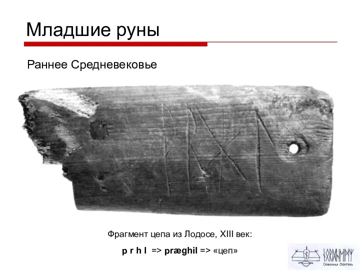 Младшие руны Раннее Средневековье Фрагмент цепа из Лодосе, XIII век: p r