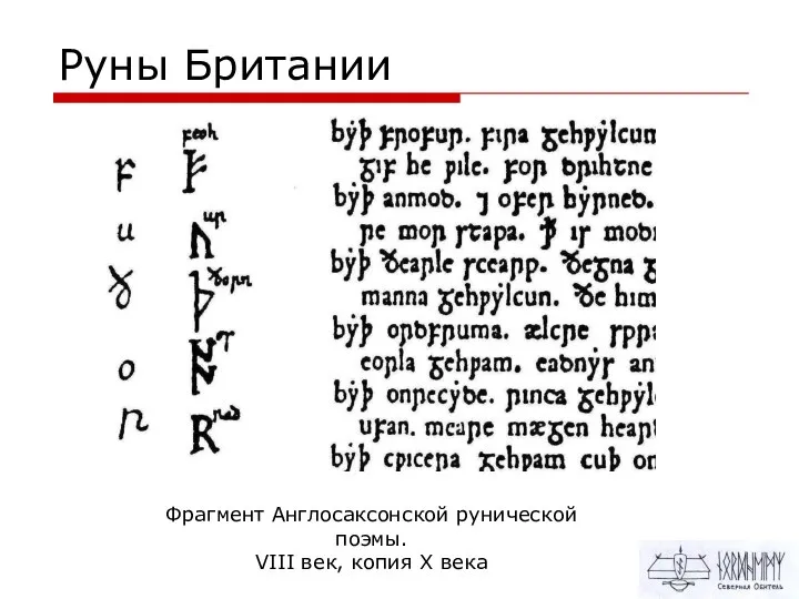Руны Британии Фрагмент Англосаксонской рунической поэмы. VIII век, копия X века