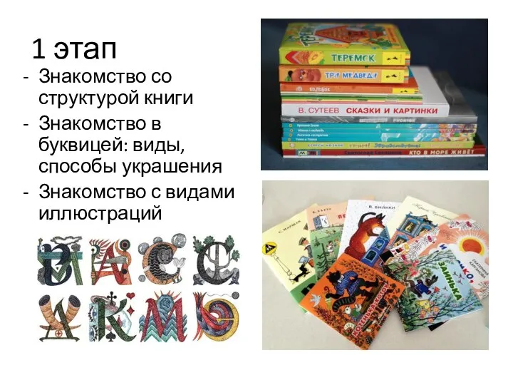 1 этап Знакомство со структурой книги Знакомство в буквицей: виды, способы украшения Знакомство с видами иллюстраций