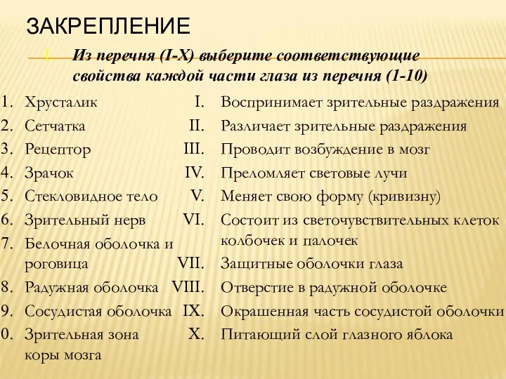 ЗАКРЕПЛЕНИЕ 1. Из перечня (I-X) выберите соответствующие cвойства каждой части глаза из перечня (1-10)