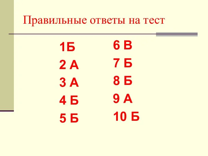 Правильные ответы на тест 6 В 7 Б 8 Б 9 А