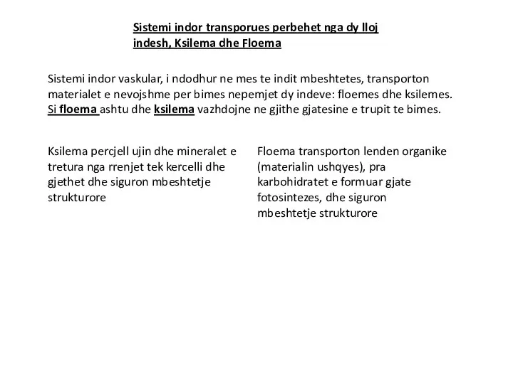 Sistemi indor transporues perbehet nga dy lloj indesh, Ksilema dhe Floema Sistemi