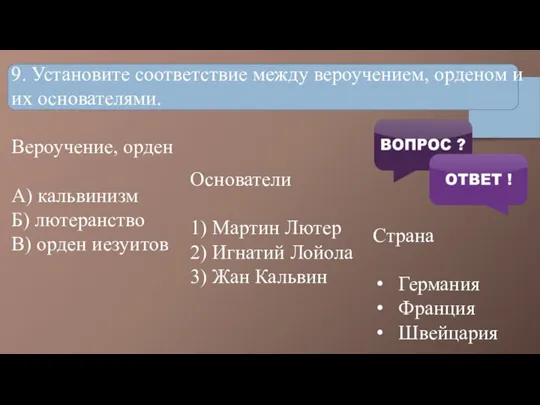 9. Установите соответствие между вероучением, орденом и их основателями. Вероучение, орден А)