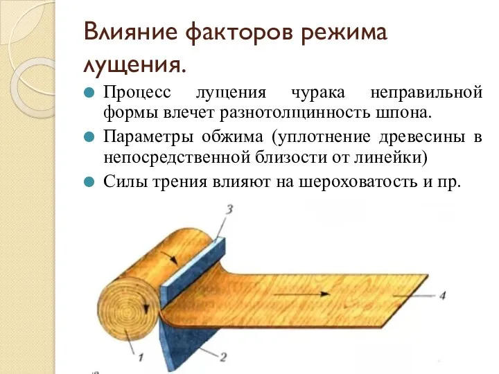 Влияние факторов режима лущения. Процесс лущения чурака неправильной формы влечет разнотолщинность шпона.