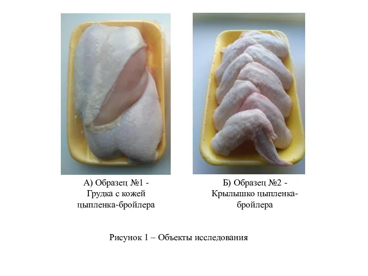 А) Образец №1 - Грудка с кожей цыпленка-бройлера Б) Образец №2 -
