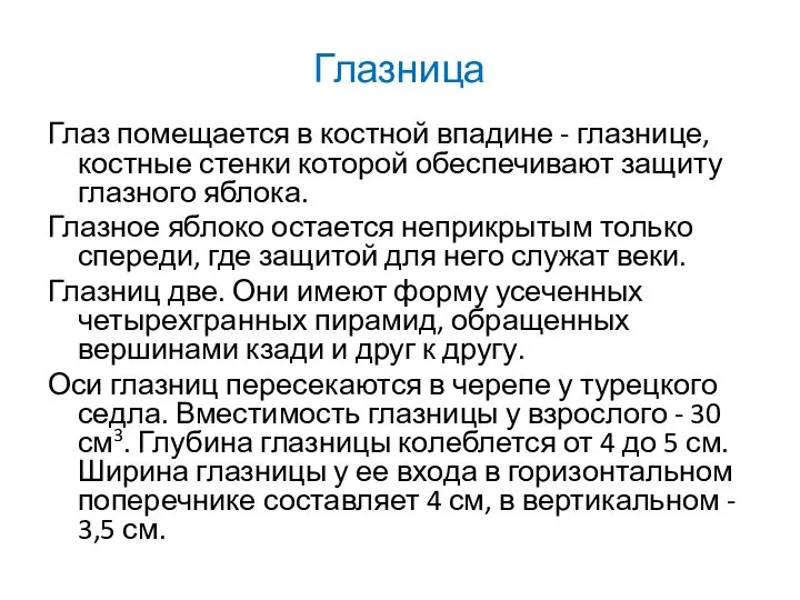 Глазница Глаз помещается в костной впадине - глазнице, костные стенки которой обеспечивают